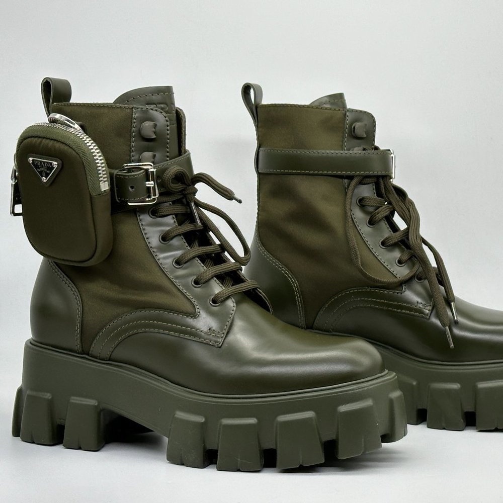 PRADA Monolith Leather Nylon Lug Sole Combat Hiking Boots Zip Pouch - Picture 9 of 15